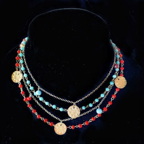 Vintage ethnic boho red & turquoise glass bead  gold coin chain necklace. 15.5” - Picture 5 of 7